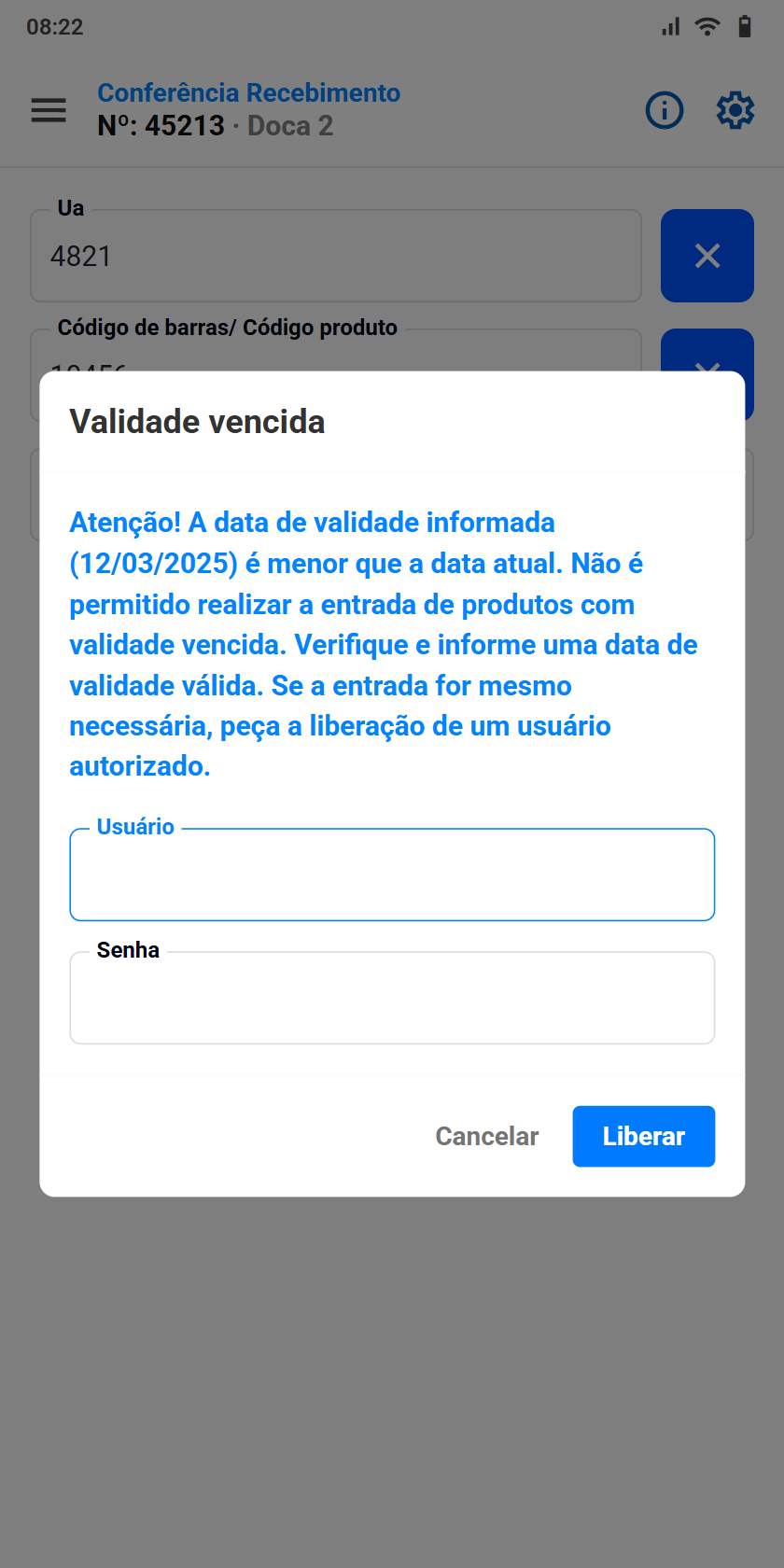 Janela Validade vencida do coletor com a mensagem de bloqueio e os campos Usuario e Senha para liberacao