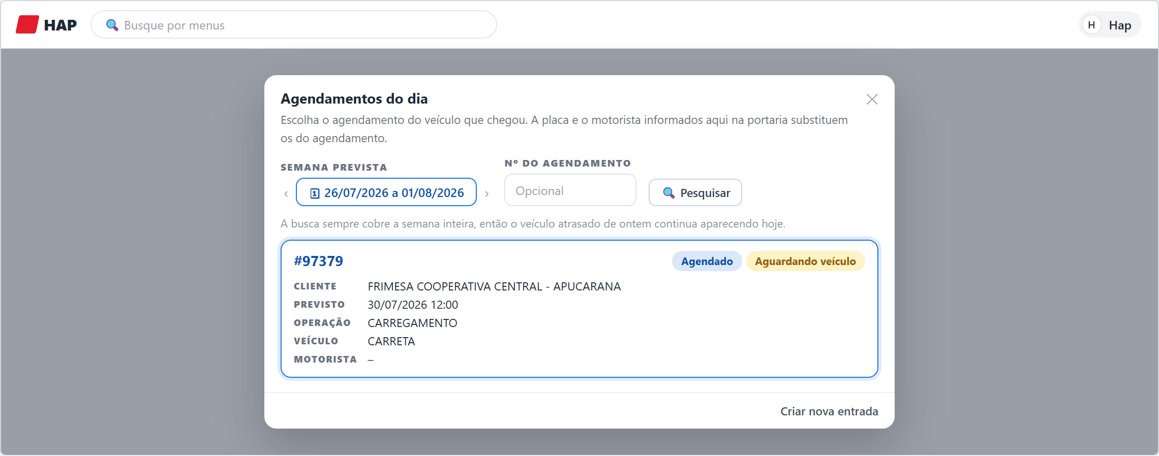 Lista de agendamentos do dia na portaria