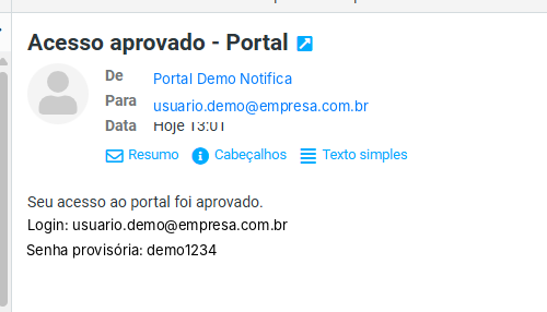 E-mail de acesso aprovado