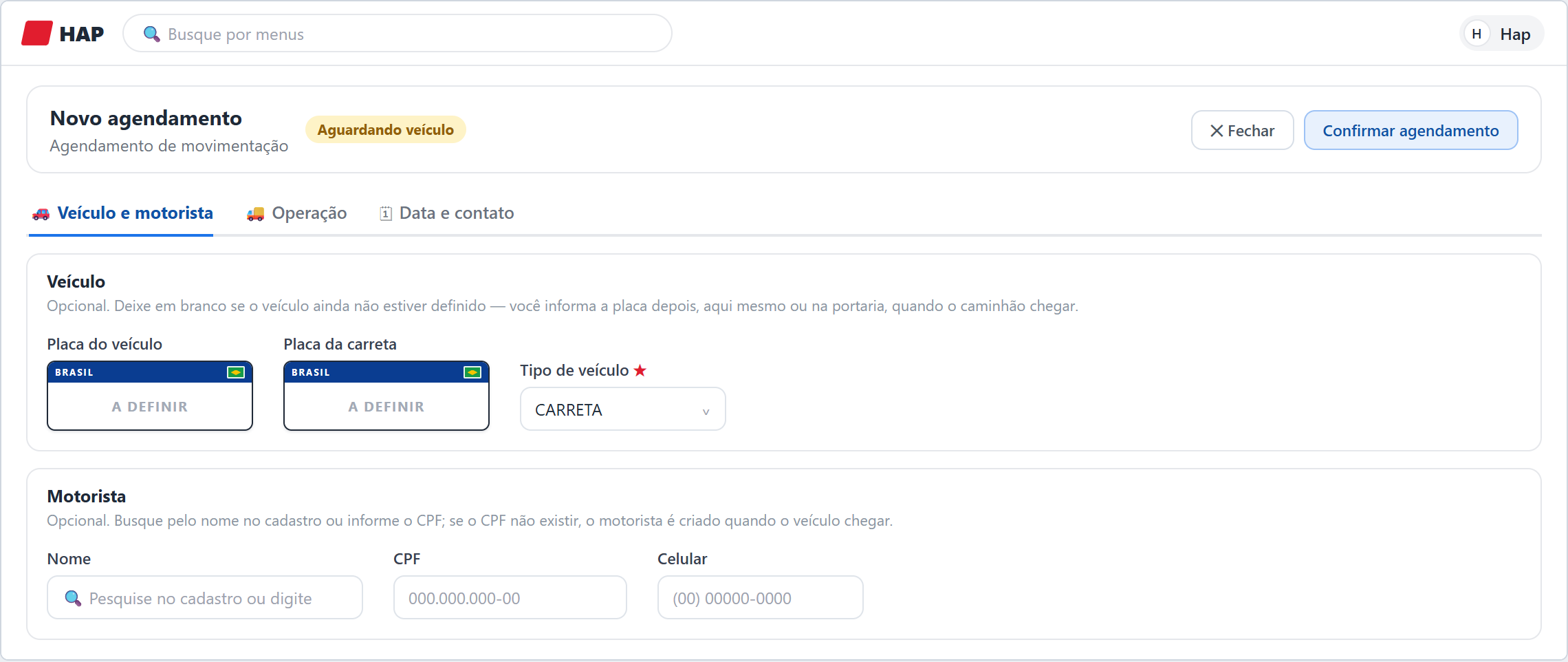 Aba Veículo e motorista do agendamento, com as placas em branco