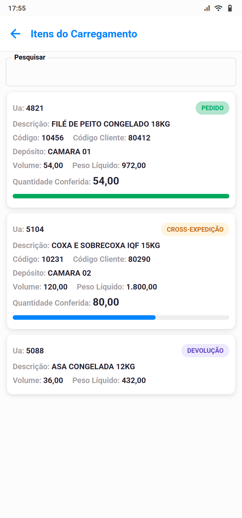 Tela Itens do Carregamento do coletor com cards de UA, pill de tipo de movimento e barra de progresso
