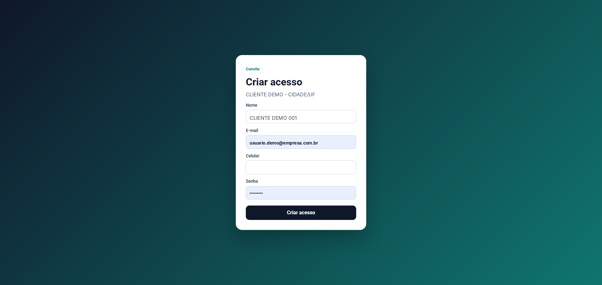 Tela Criar acesso do cliente