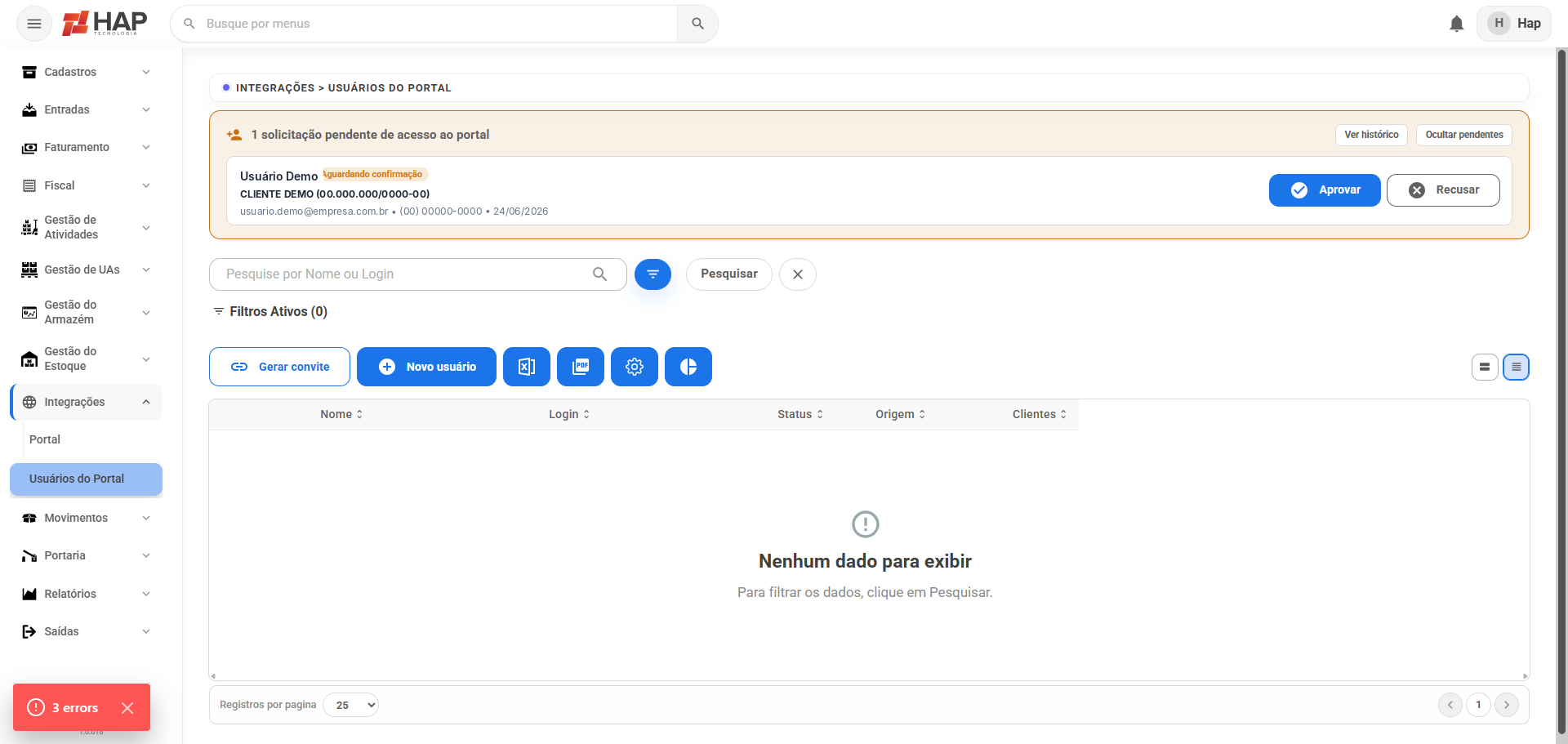 Solicitação pendente em Usuários do Portal