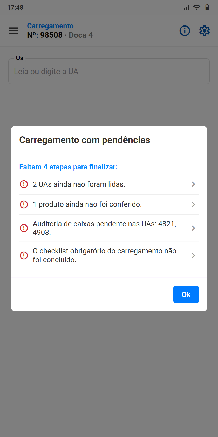 Janela Carregamento com pendencias do coletor listando as etapas que faltam, cada uma com atalho