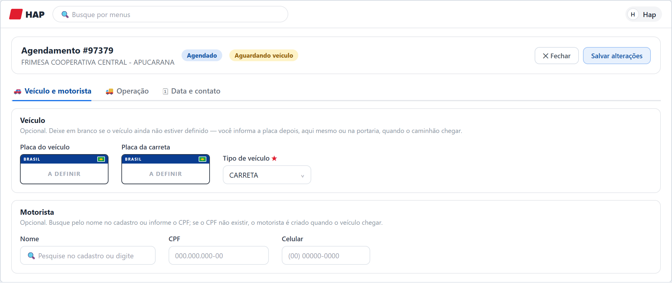 Agendamento aberto para edição, com número, cliente e selos no cabeçalho