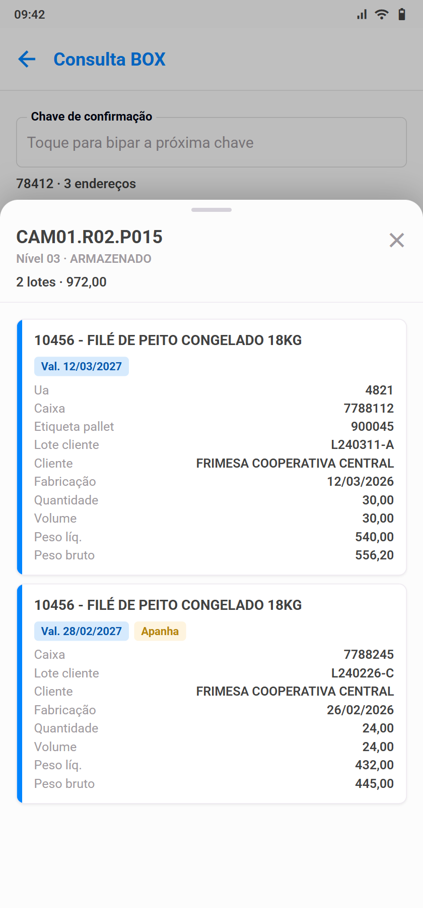 Painel de lotes da Consulta BOX com dois cards de lote, validade, cliente e pesos