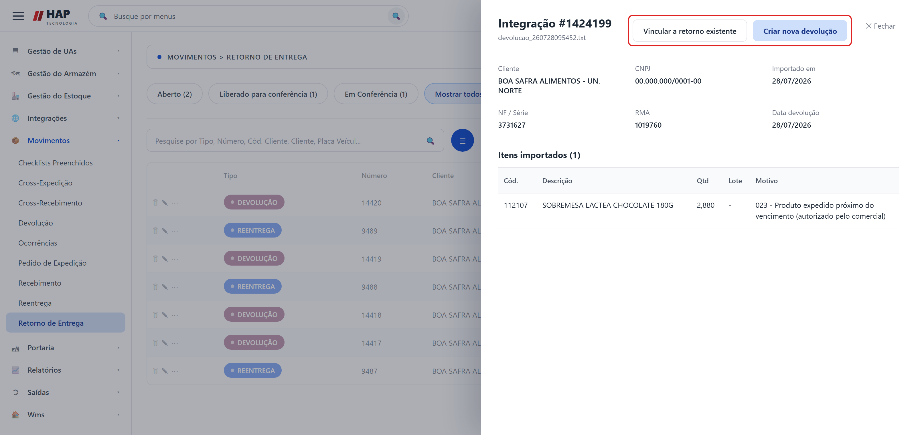 Painel de importações pendentes com as opções de vincular ou criar nova devolução