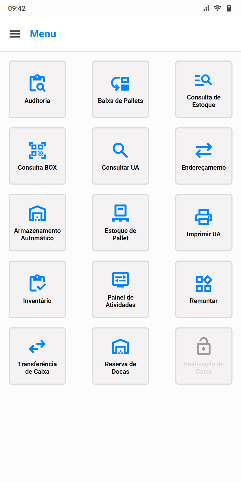 Menu principal do coletor com os itens Consulta BOX e Transferencia de Caixa