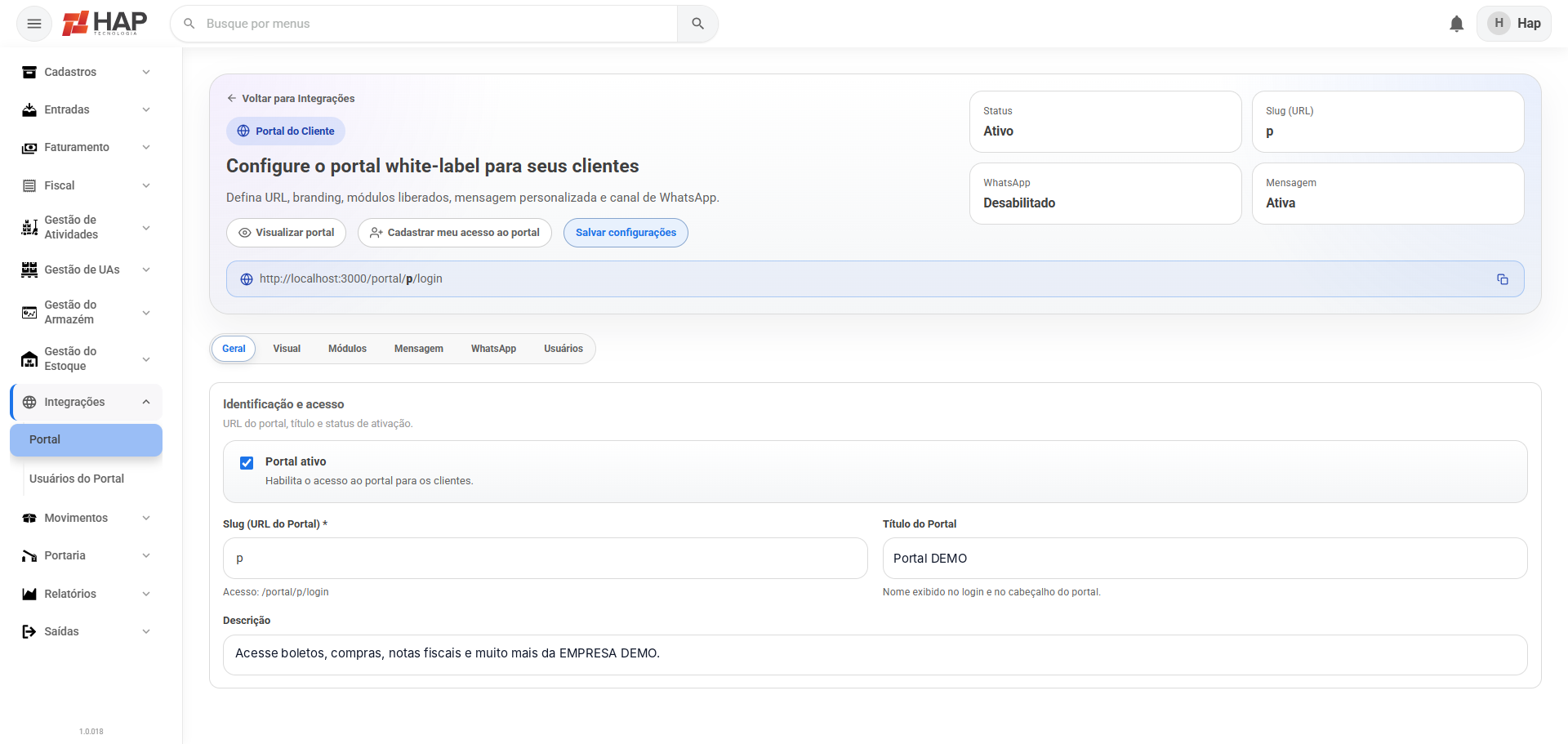 Tela de configuração do portal