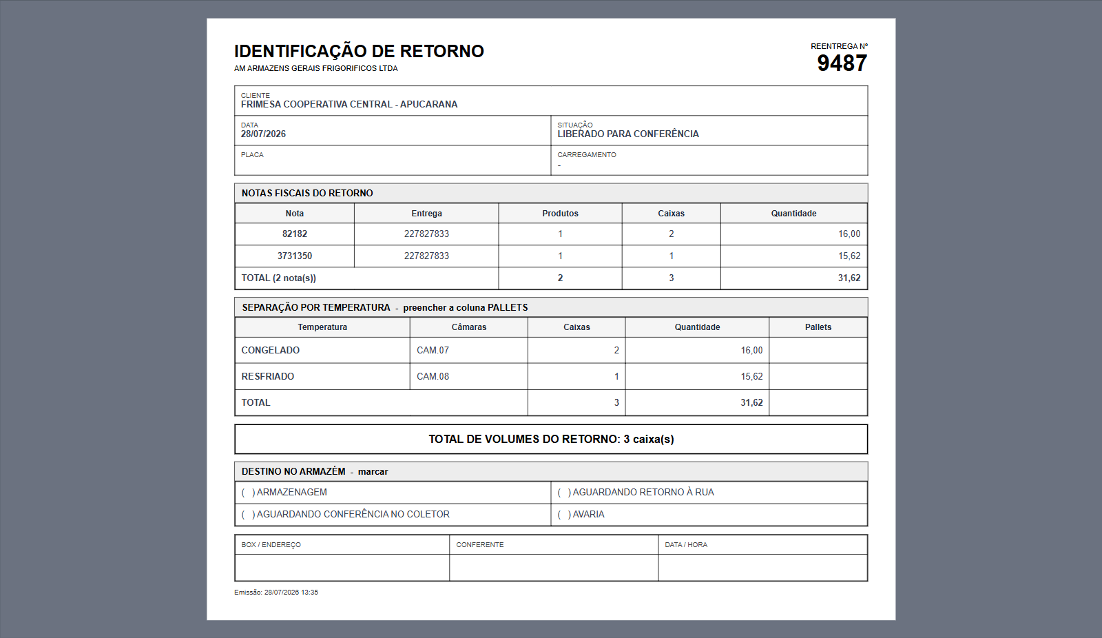 A folha A4 de identificação de retorno, com notas fiscais, separação por temperatura e campos em branco