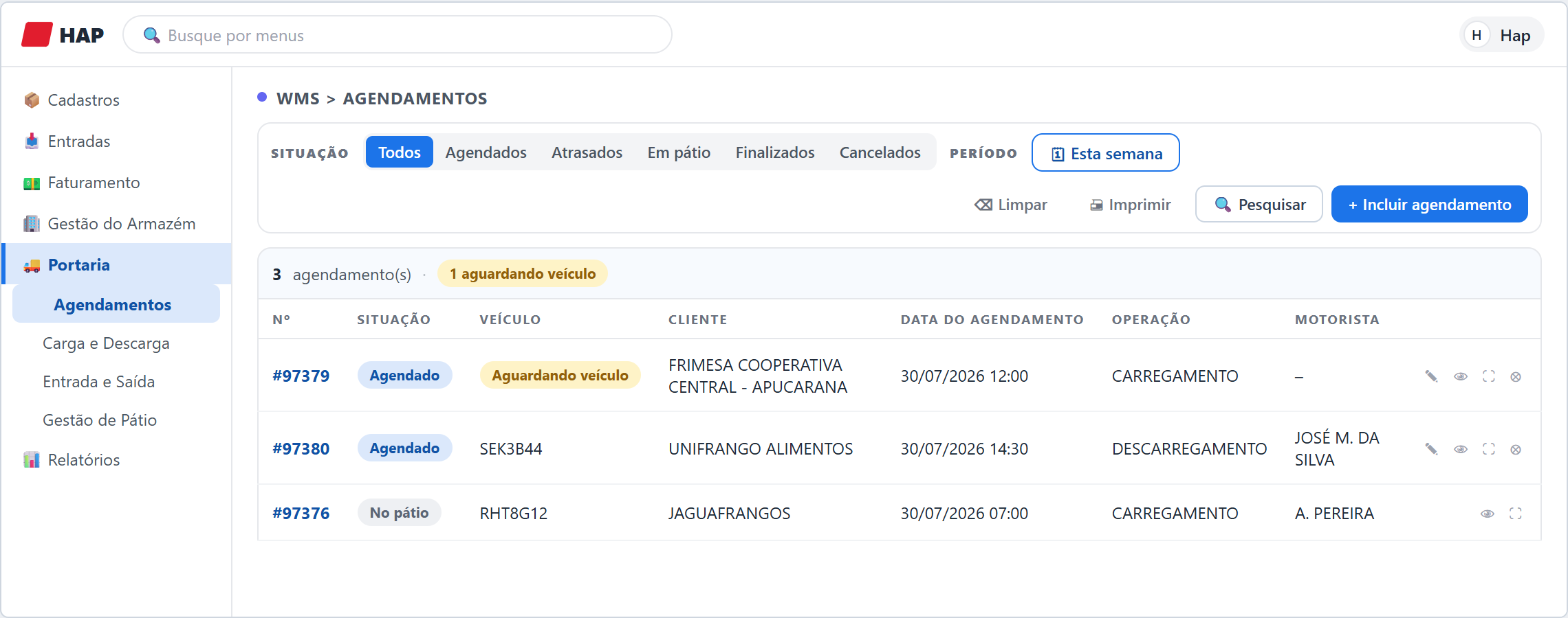 Grade de agendamentos com filtros de situação, período e botão Imprimir