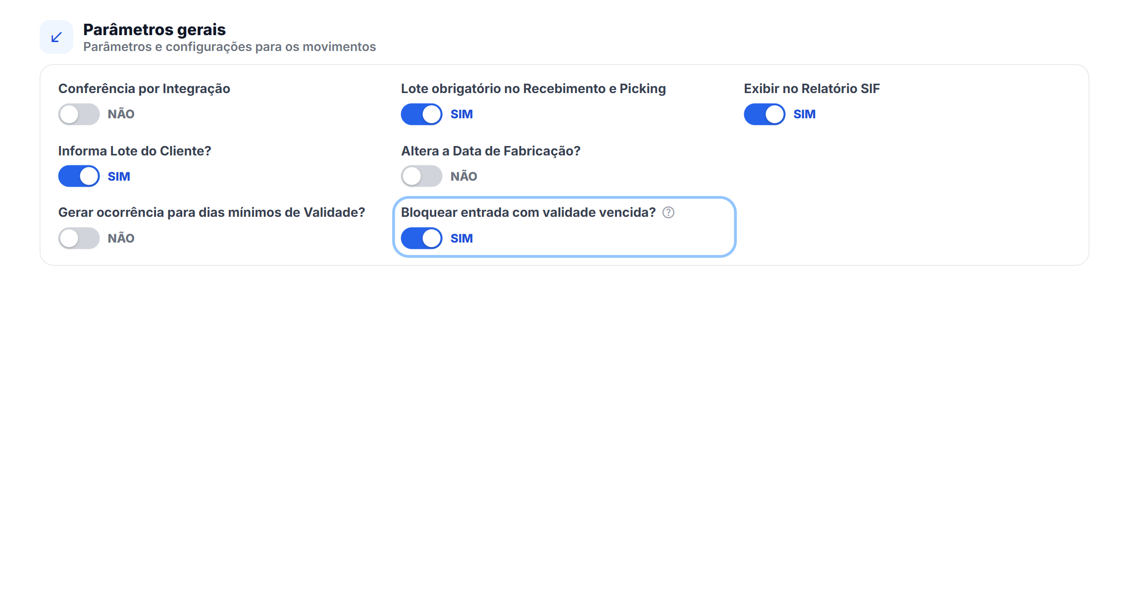 Secao Parametros gerais do cadastro de pessoa com o toggle Bloquear entrada com validade vencida ligado