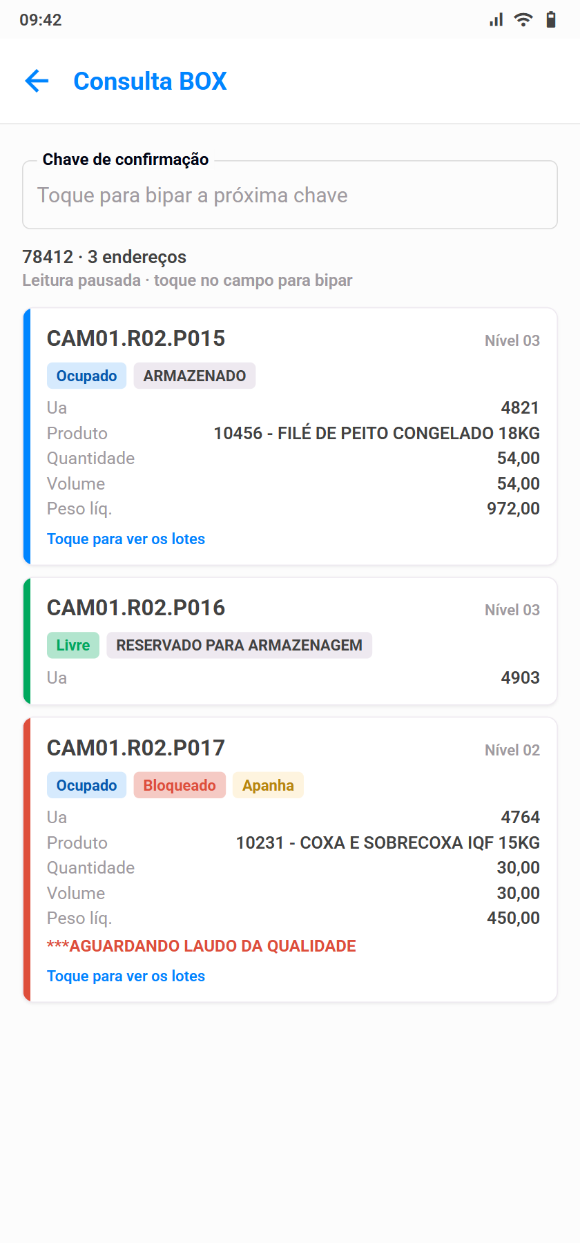 Tela Consulta BOX com tres cards de endereco: ocupado, livre e bloqueado com motivo