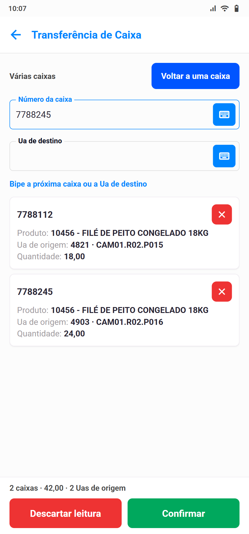Tela Transferencia de Caixa no modo varias caixas, com duas caixas lidas e o resumo no rodape